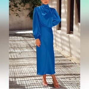 Women's Mock Neck Satin Dress - Blue